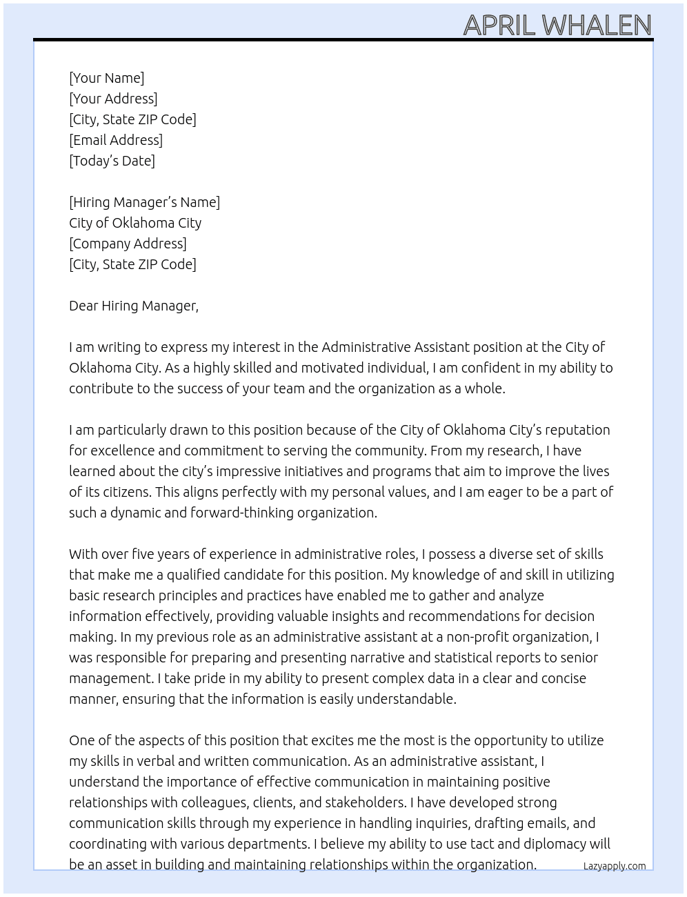 Administrative Assistant At City of Oklahoma City Cover Letter