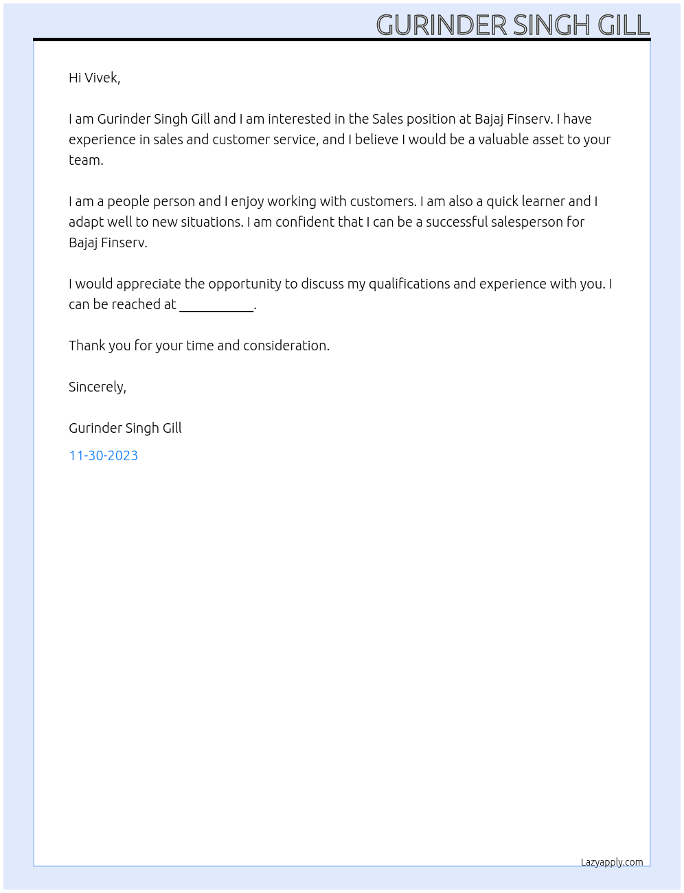 Sales At Bajaj Finserv Cover Letter
