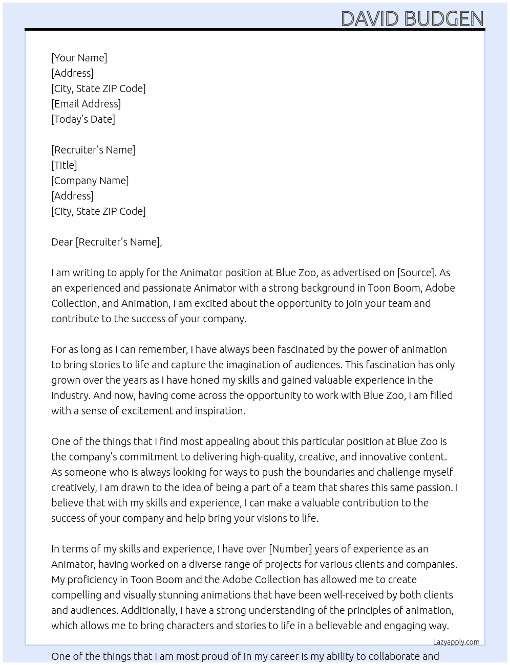 Animator At Blue Zoo Cover Letter