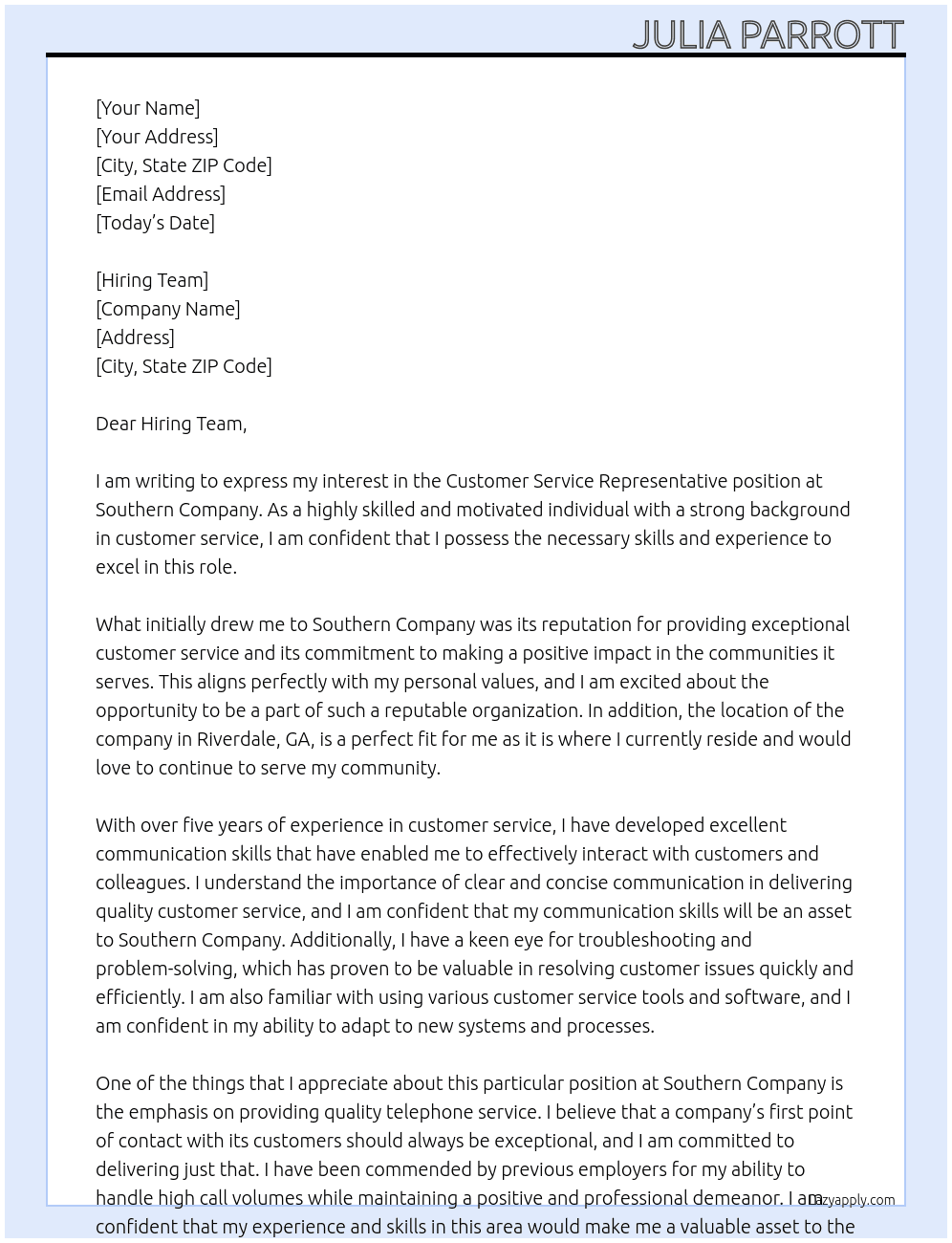 Customer Service Representative At Southern Company Cover Letter