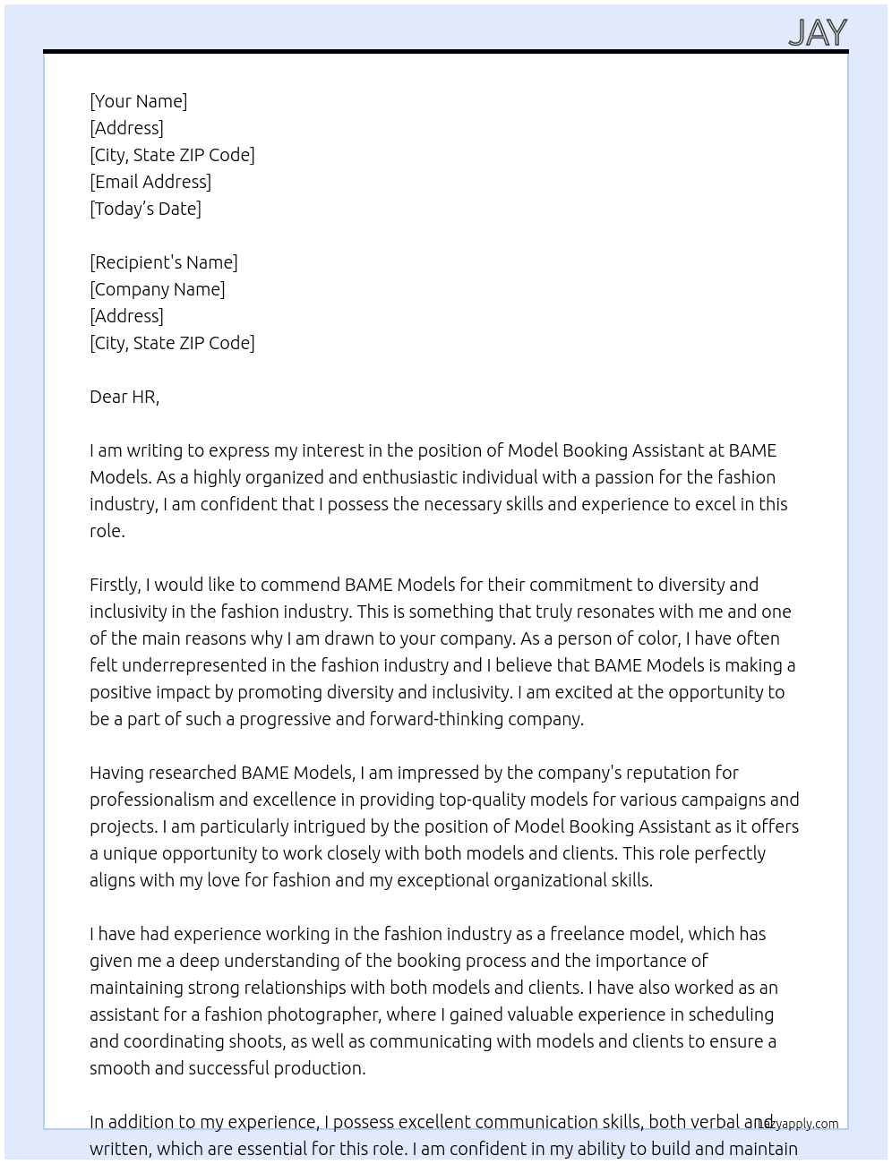 Model Booking Assistant At BAME Models Cover Letter