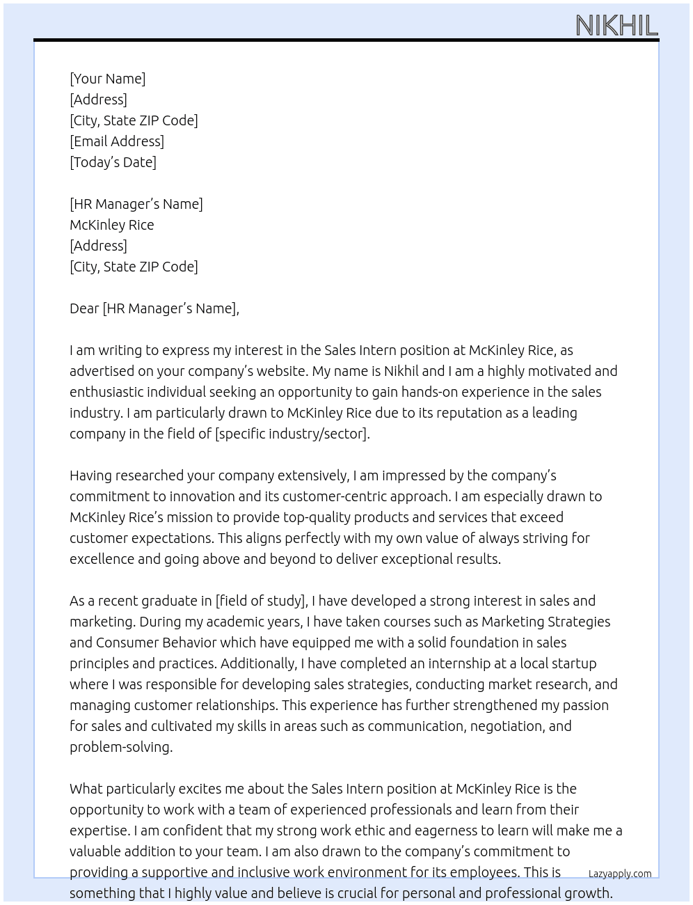Sales Intern  At McKinley Rice  Cover Letter