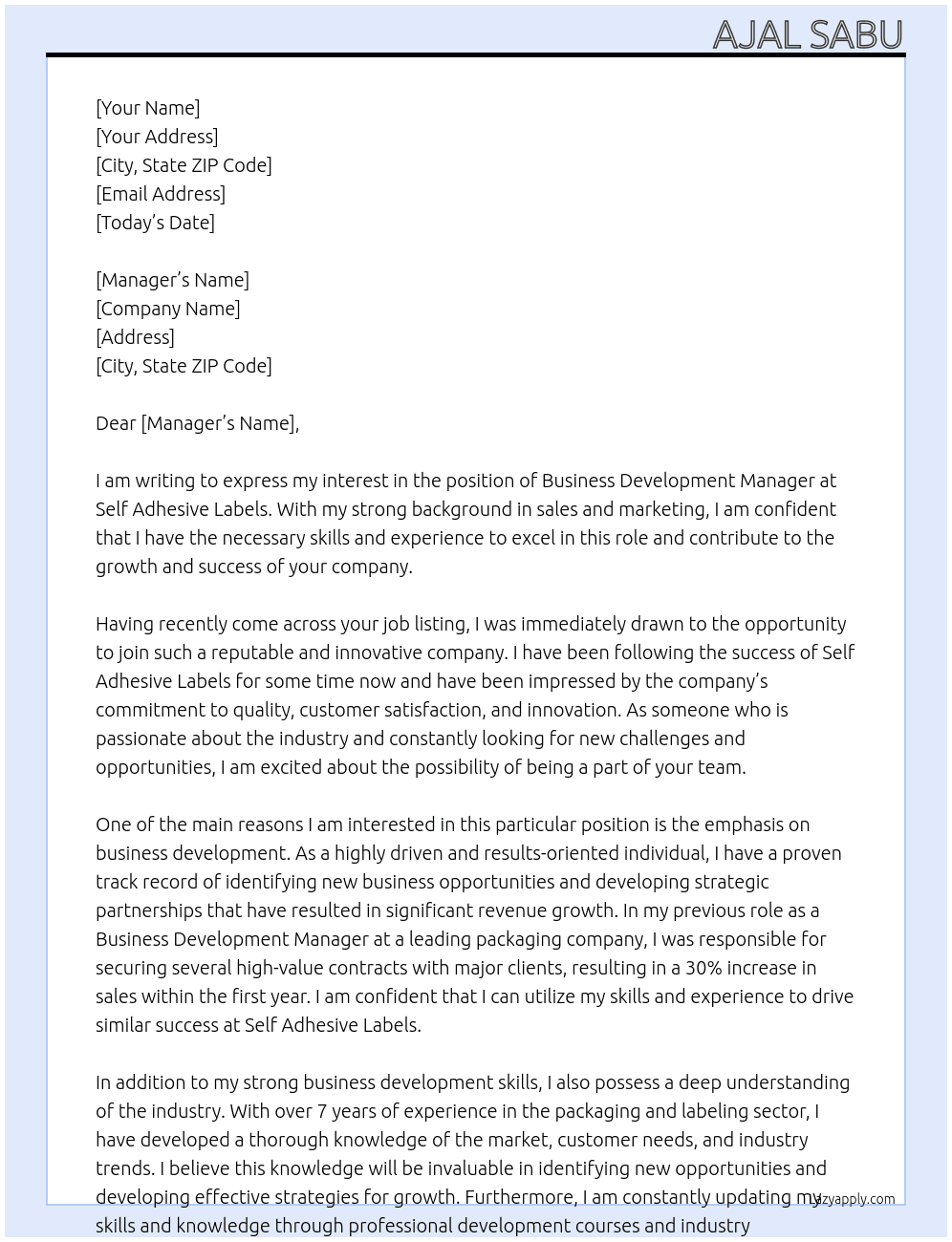 Business Development Manager At self adhesive labels Cover Letter