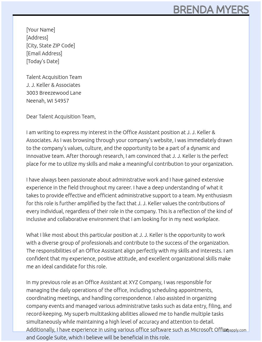 Office Assistant At J. J. Keller & Associates  Cover Letter