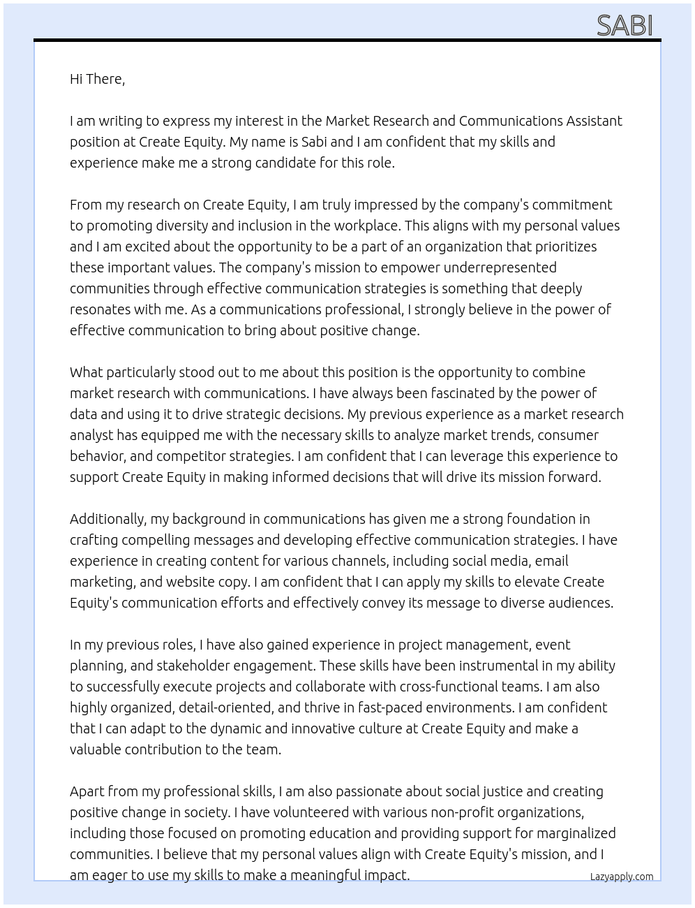 Market research and communications Assistant  At Create Equity Cover Letter