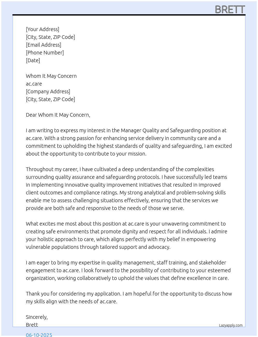 Manager Quality and Safeguarding  At ac.care Cover Letter