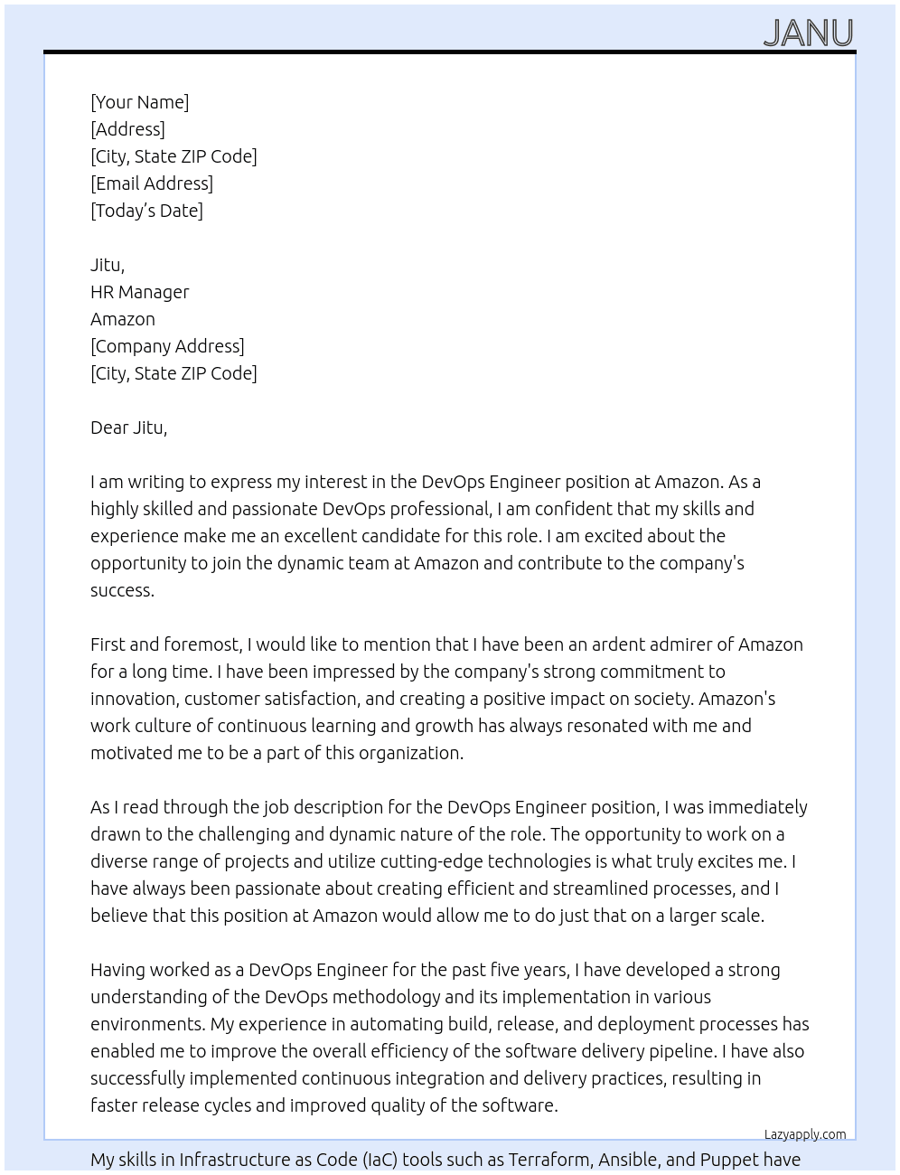 devops engineer At amazon Cover Letter