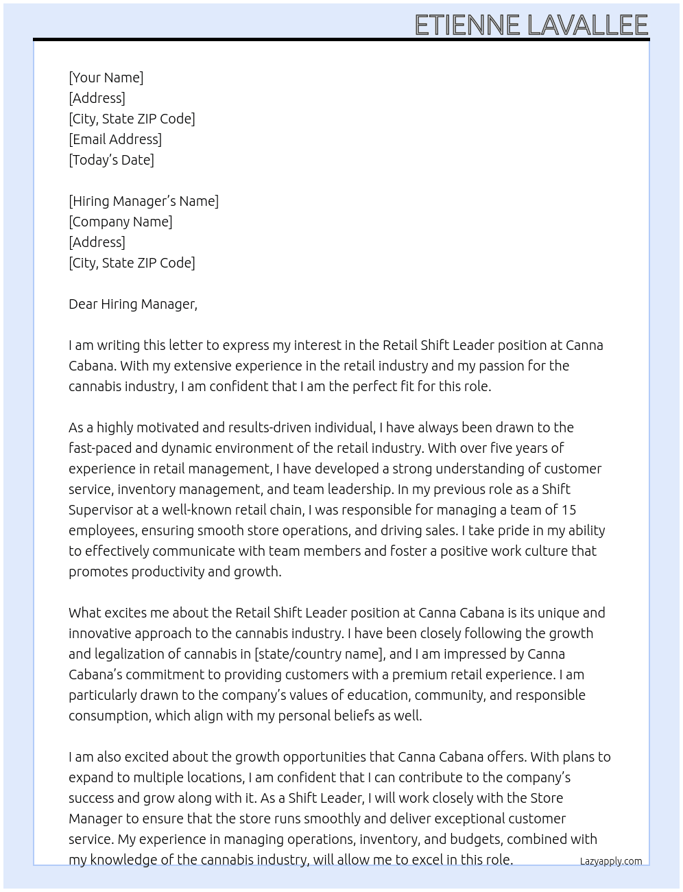 Retail Shift Leader At Canna Cabana Cover Letter