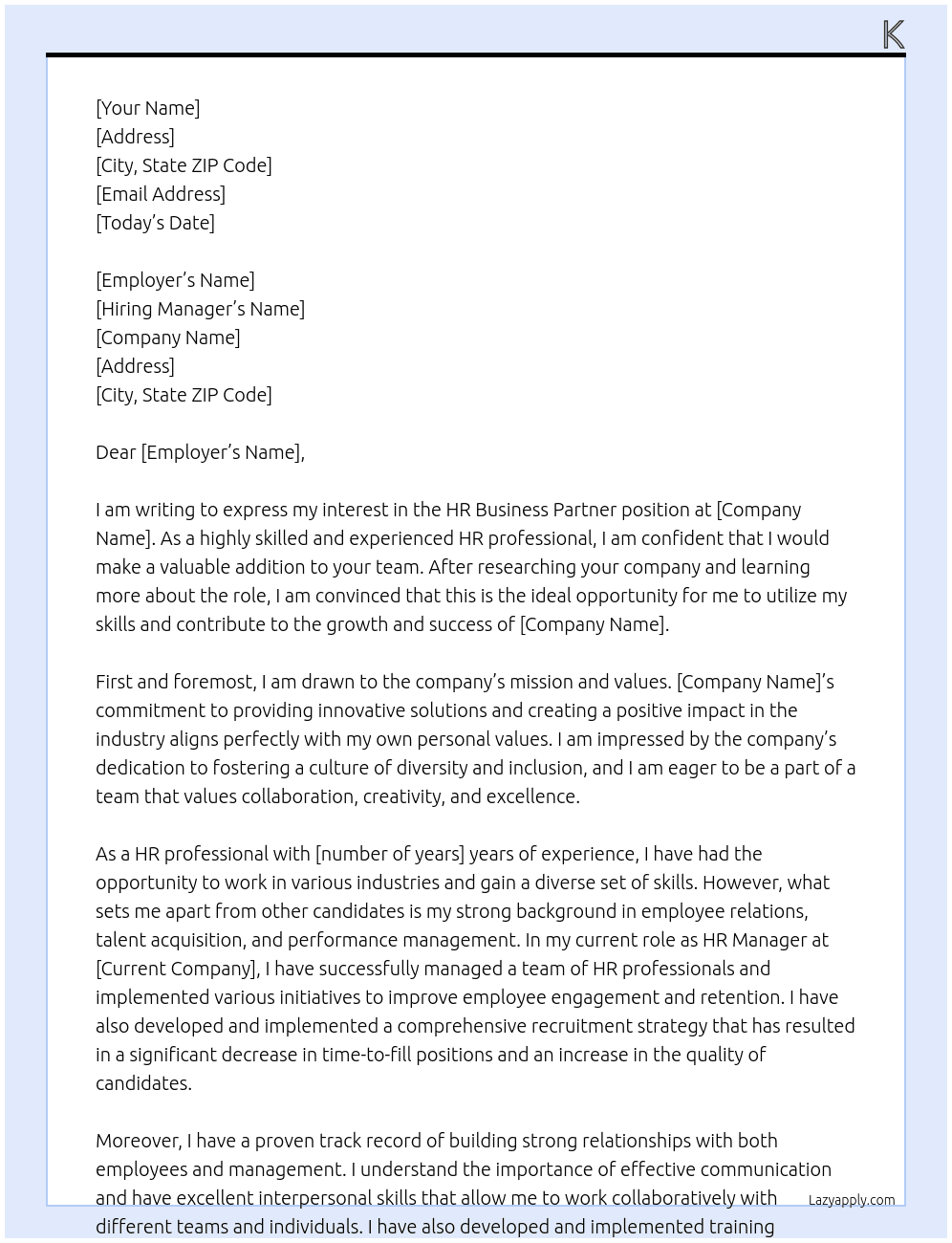 HR Business Partner At X Cover Letter