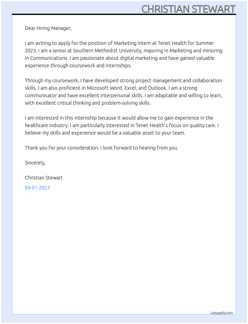 Marketing Intern - Summer 2023 At Tenet Health Cover Letter