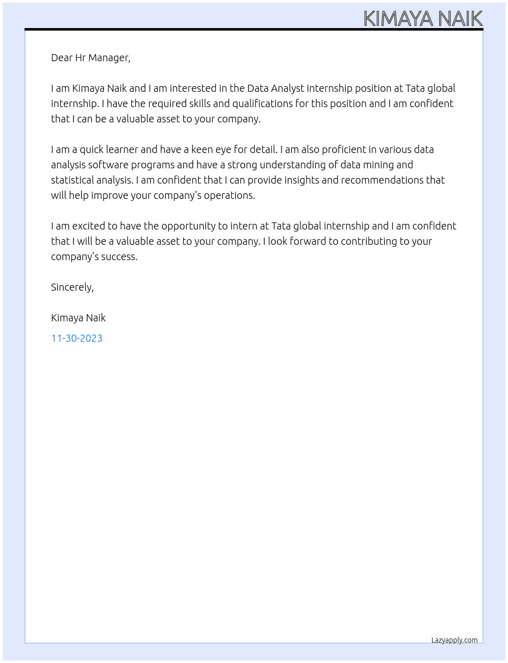 Data Analyst internship At Tata global internship Cover Letter