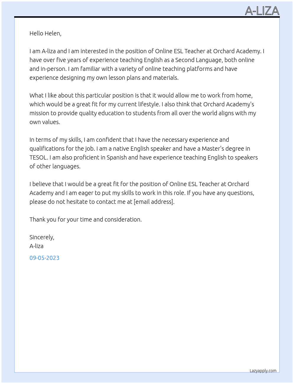Online ESL Teacher At Orchard Academy Cover Letter