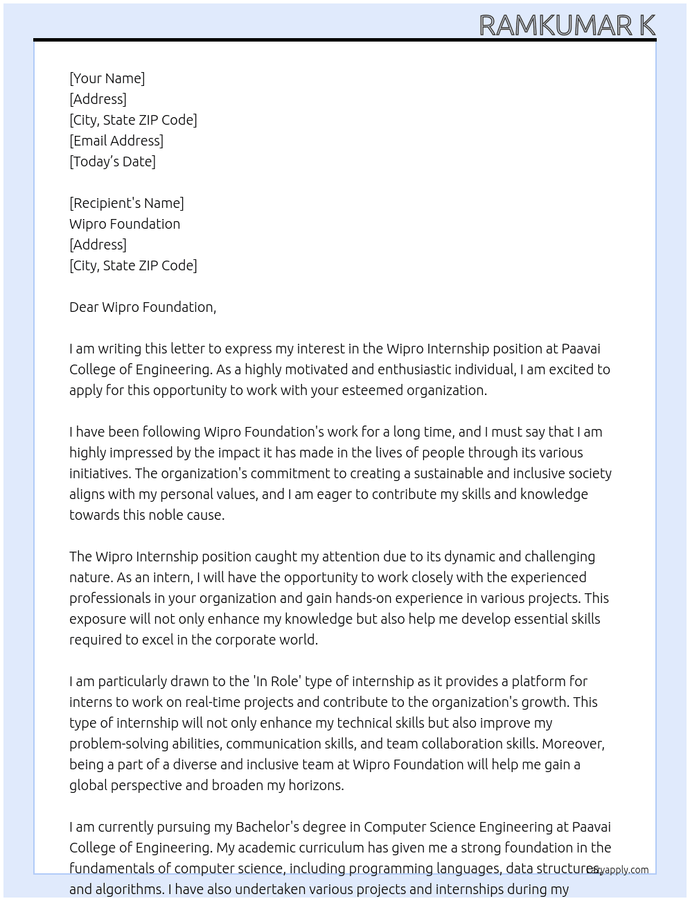 wipro internship At Paavai College of Engineering Cover Letter