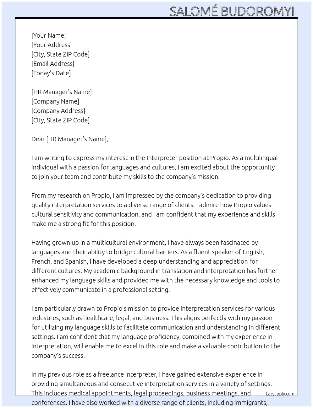Interpreter At Propio Cover Letter