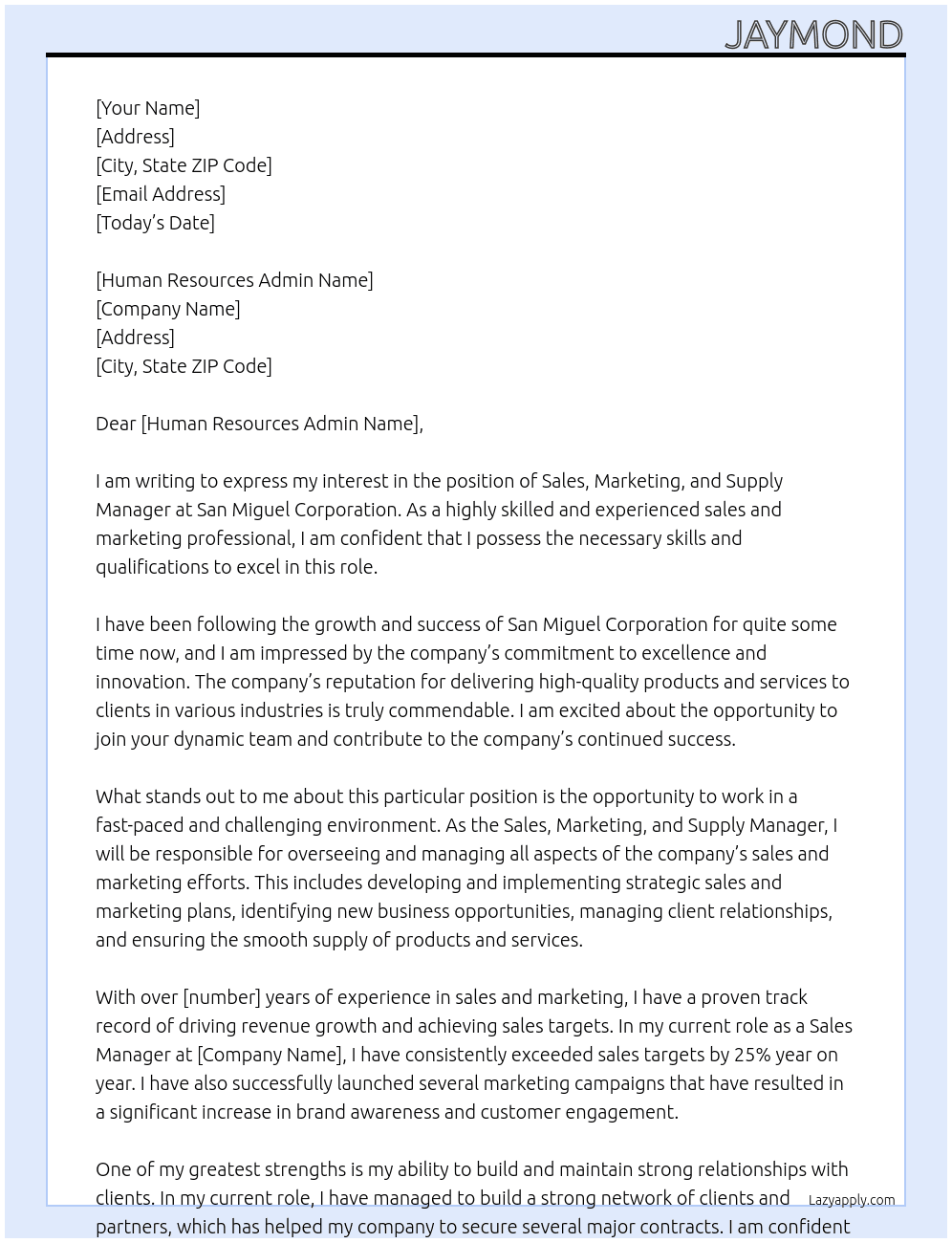 Sales, Marketing and Supply Manager At San Miguel Corporation Cover Letter