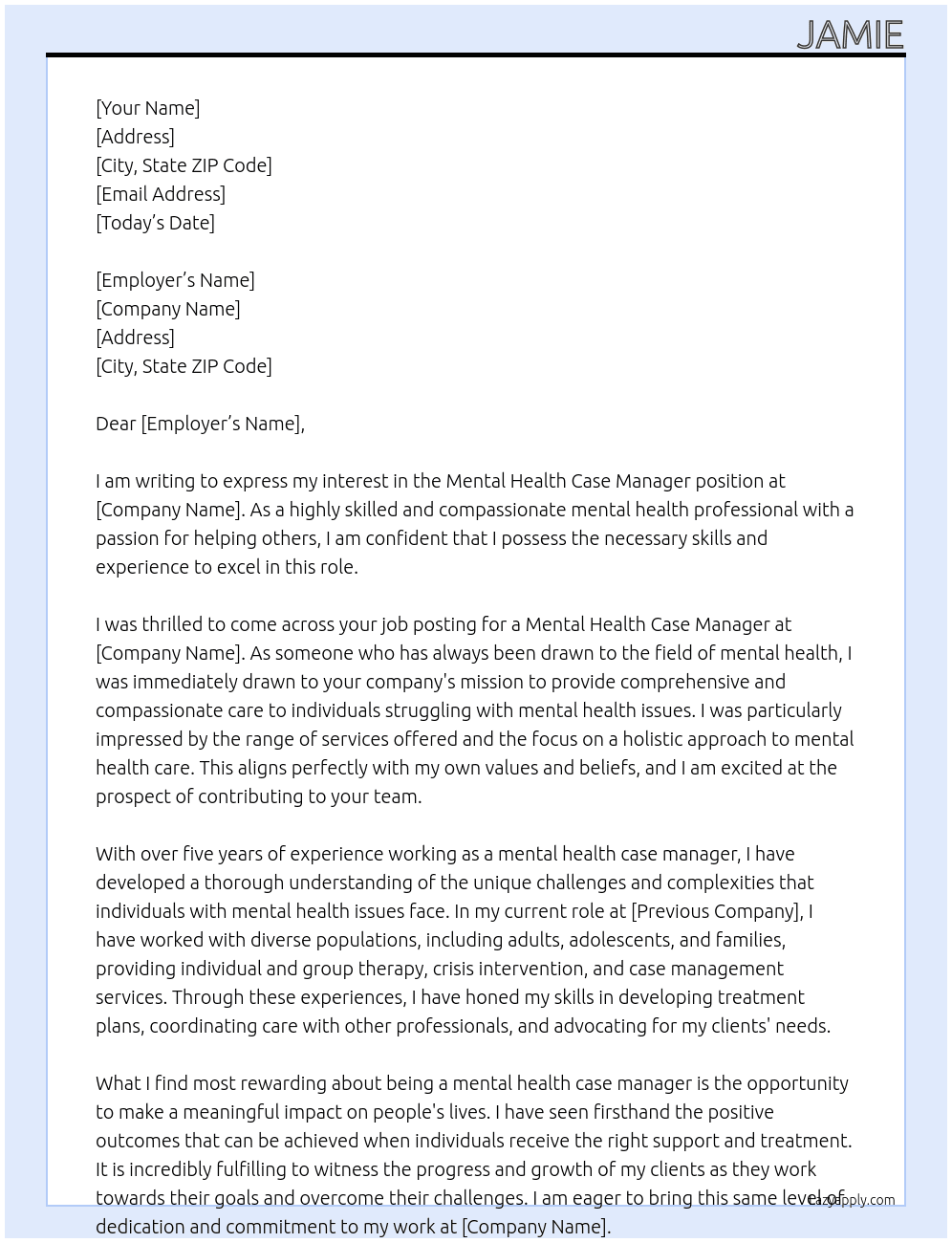 mental health case manager At mental health office Cover Letter