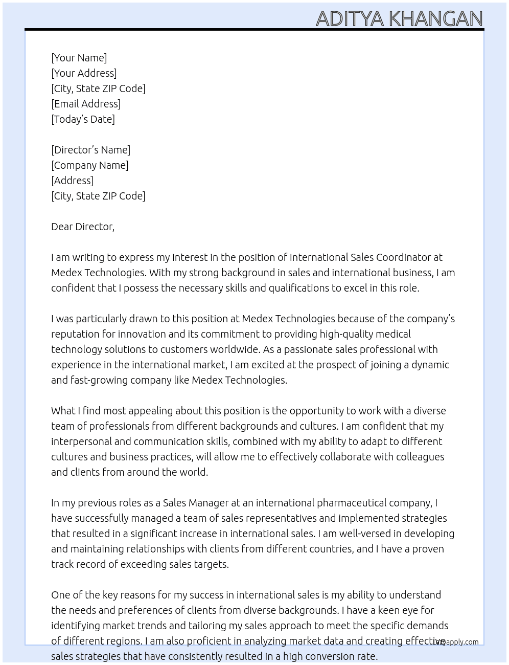 International Sales Coordinator At Medex Technologies Cover Letter