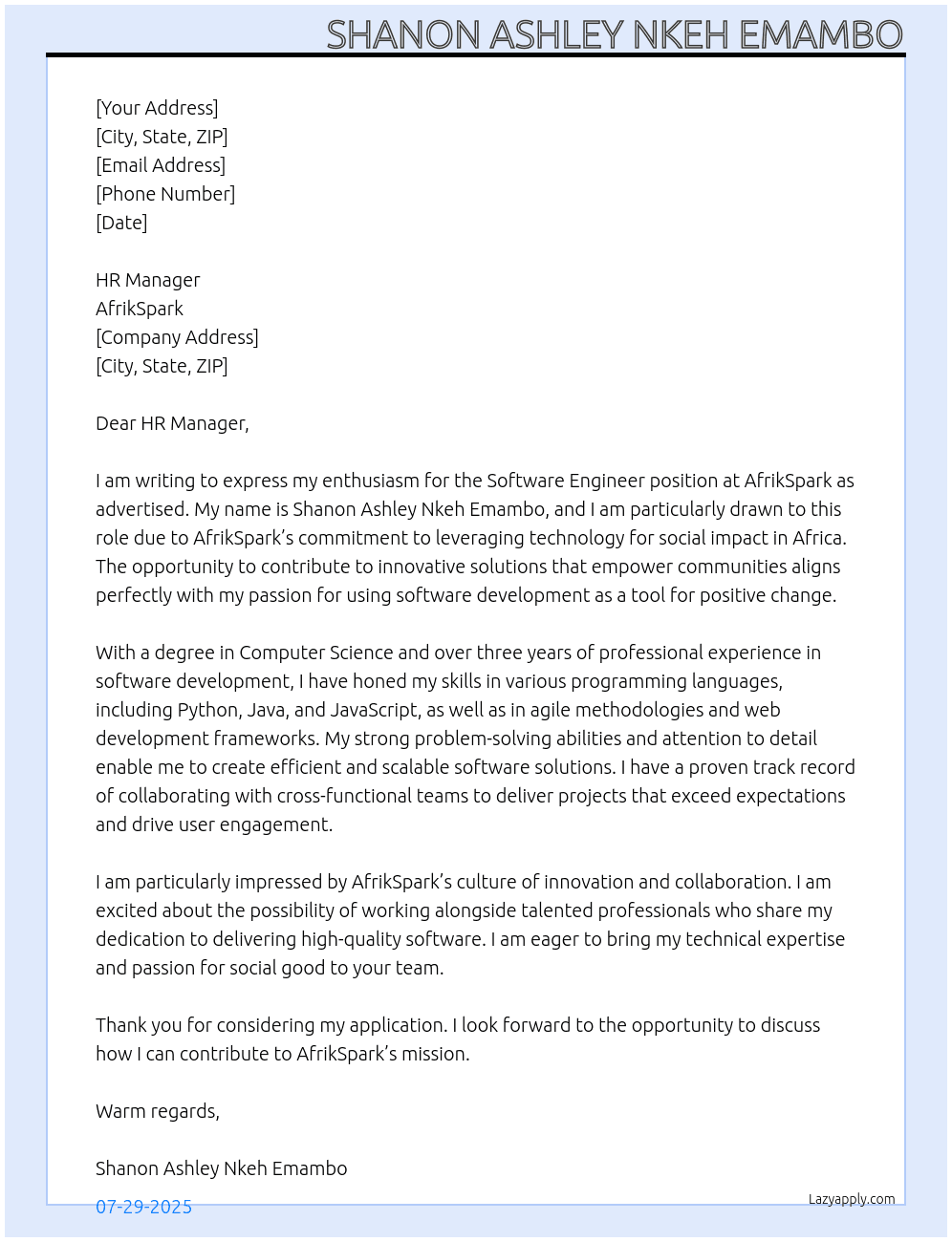 Software engineer At AfrikSpark Cover Letter
