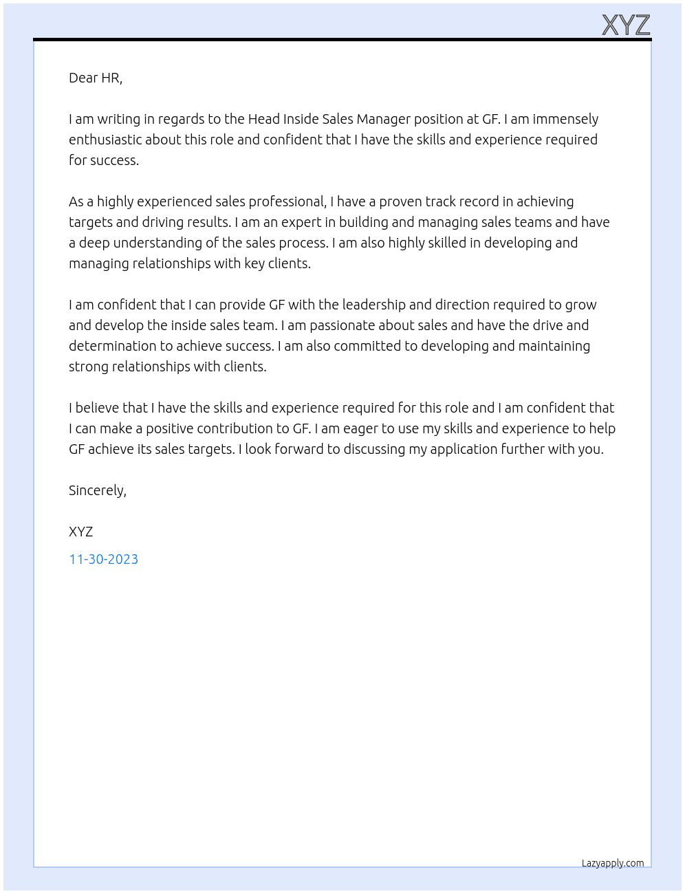 Head Inside Sales Manager At GF Cover Letter