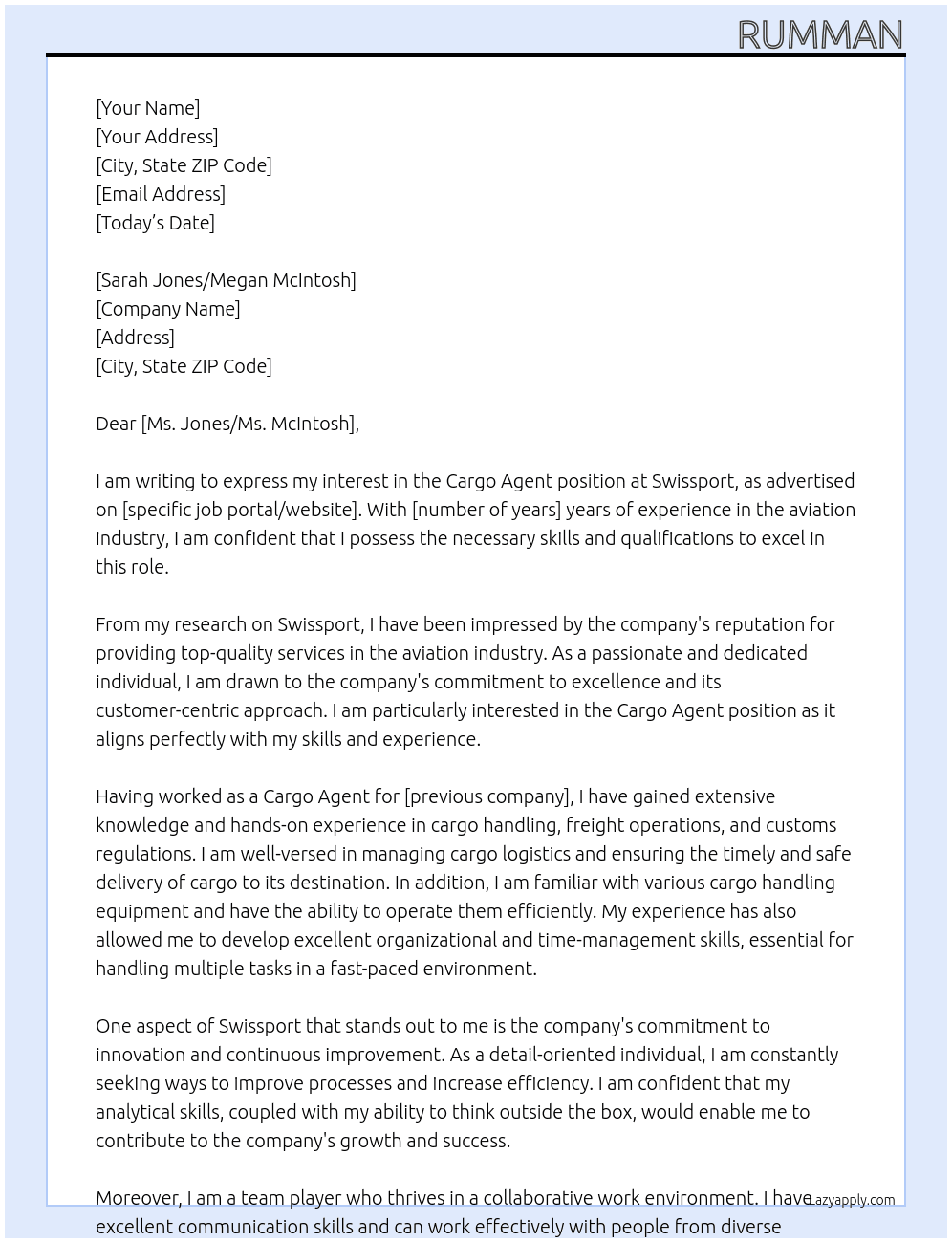 Cargo Agent At Swissport Cover Letter