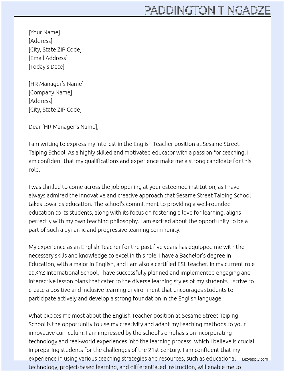 English Teacher At Sesame Street Taiping School Cover Letter