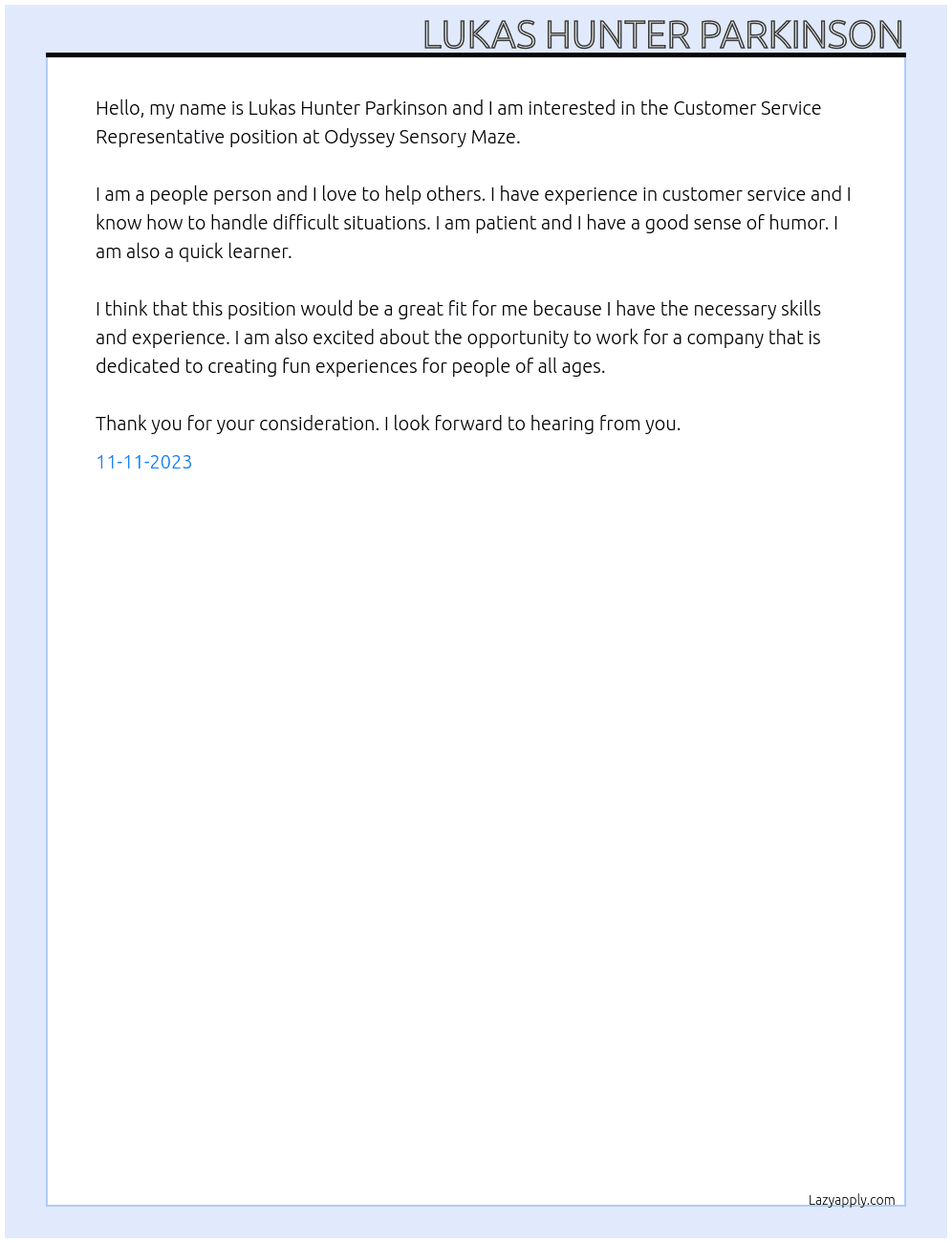Customer Service Representative At Odyssey Sensory Maze Cover Letter