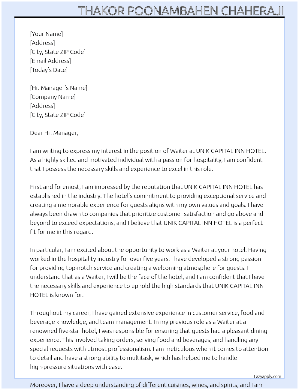 WAITER At UNIK CAPITAL INN HOTEL Cover Letter