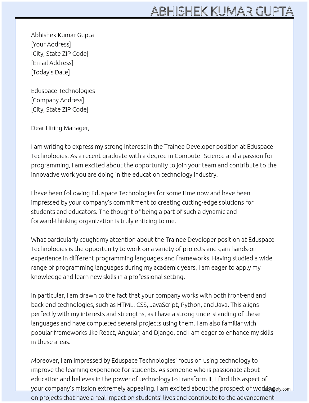 Trainee Developer At Eduspace Technologies Cover Letter
