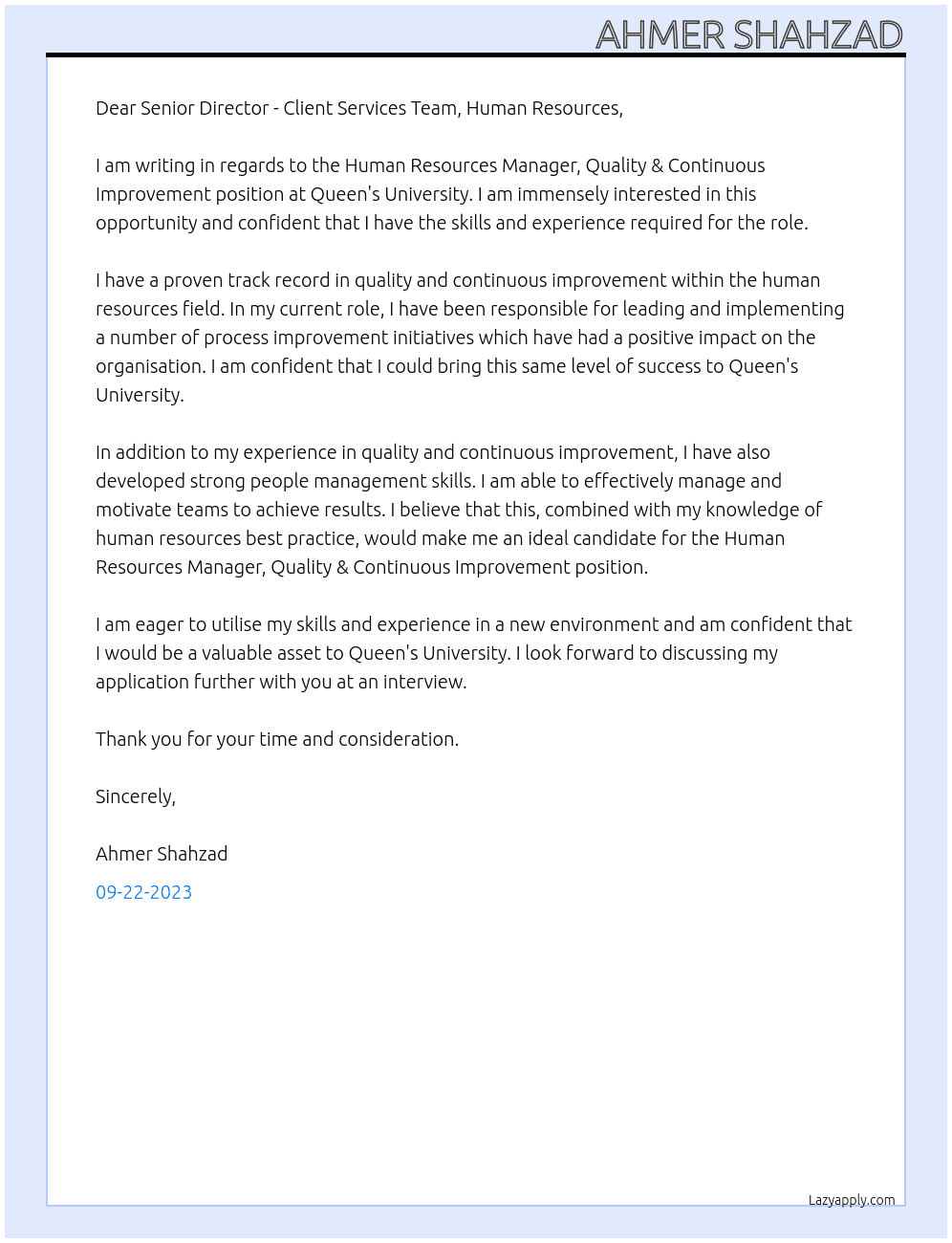 Human Resources Manager, Quality & Continuous Improvement At Queen's University Cover Letter