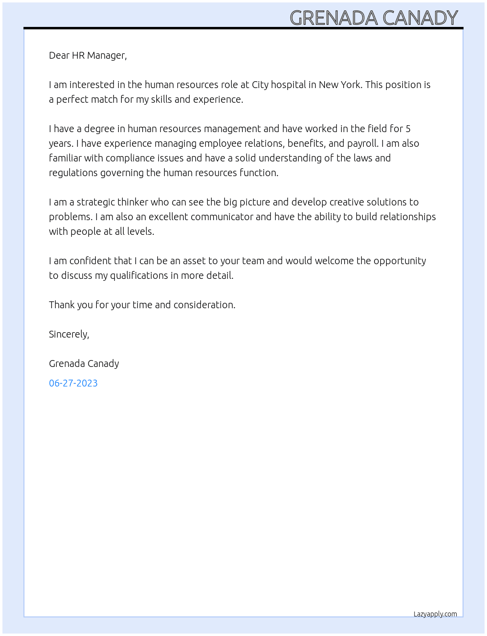 Human resource  At City hospital  Cover Letter