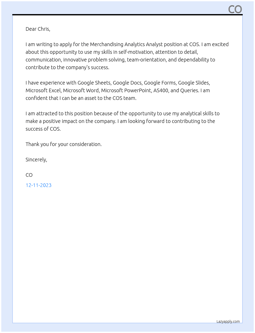 Merchandising Analytics Analyst At COS Cover Letter