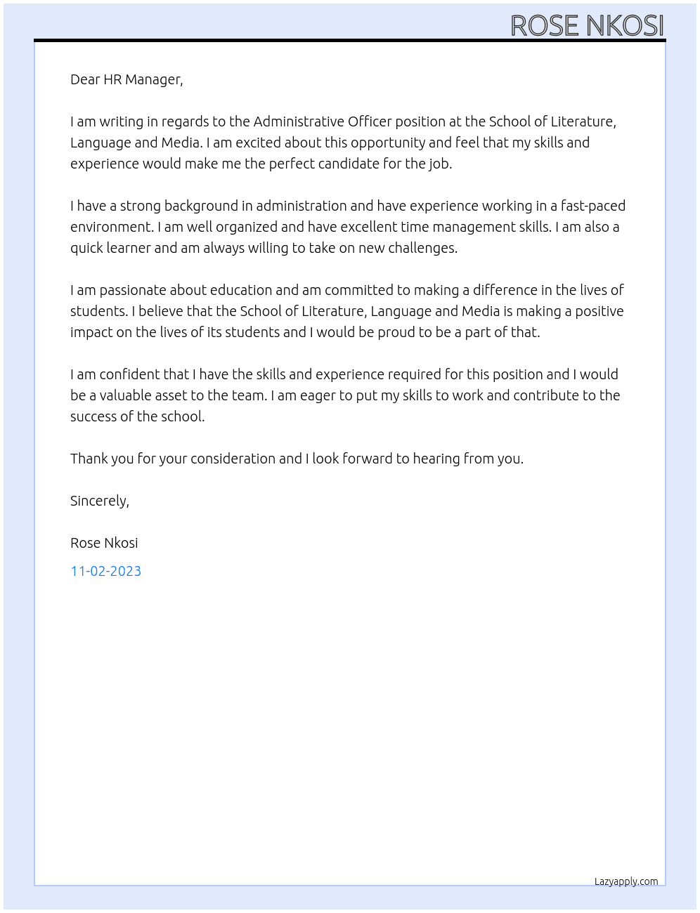 Administrative officer At School of Literature, Language and Media Cover Letter