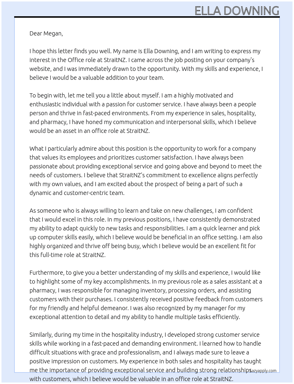Office role At StraitNZ Cover Letter
