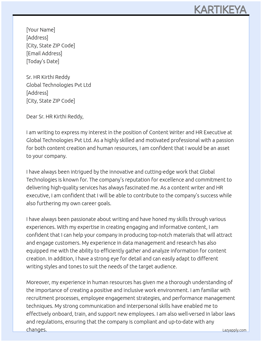 Content writer and HR executive  At Global Technologies Pvt Ltd  Cover Letter