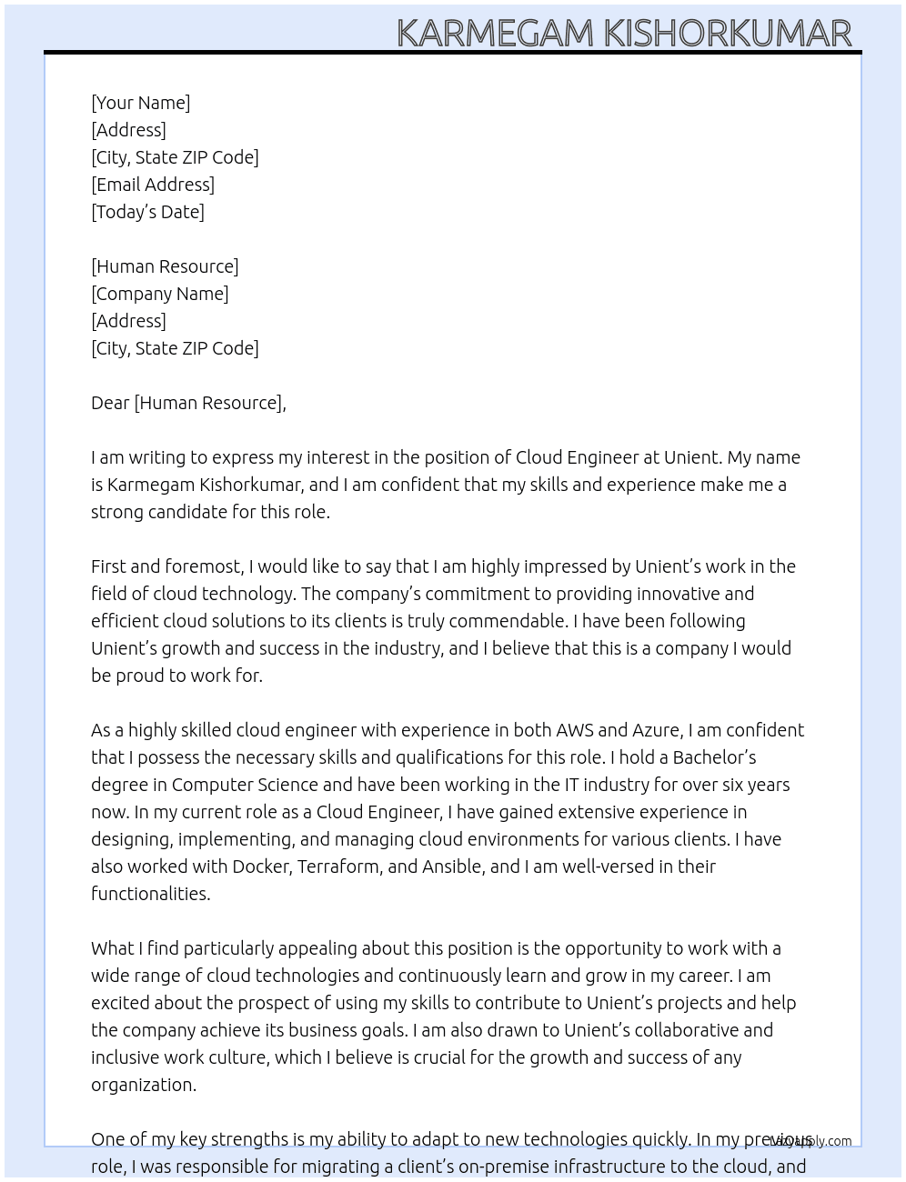 cloud engineer  At unient  Cover Letter