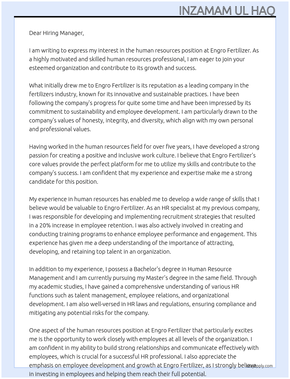human resources At engro fertilizer Cover Letter