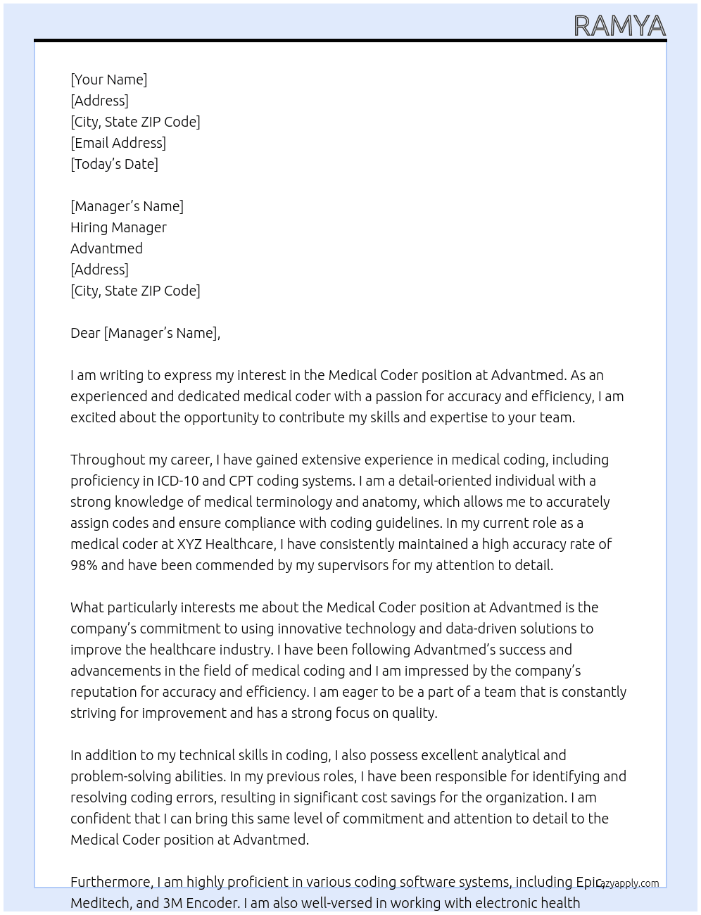 Medical coder  At Advantmed Cover Letter