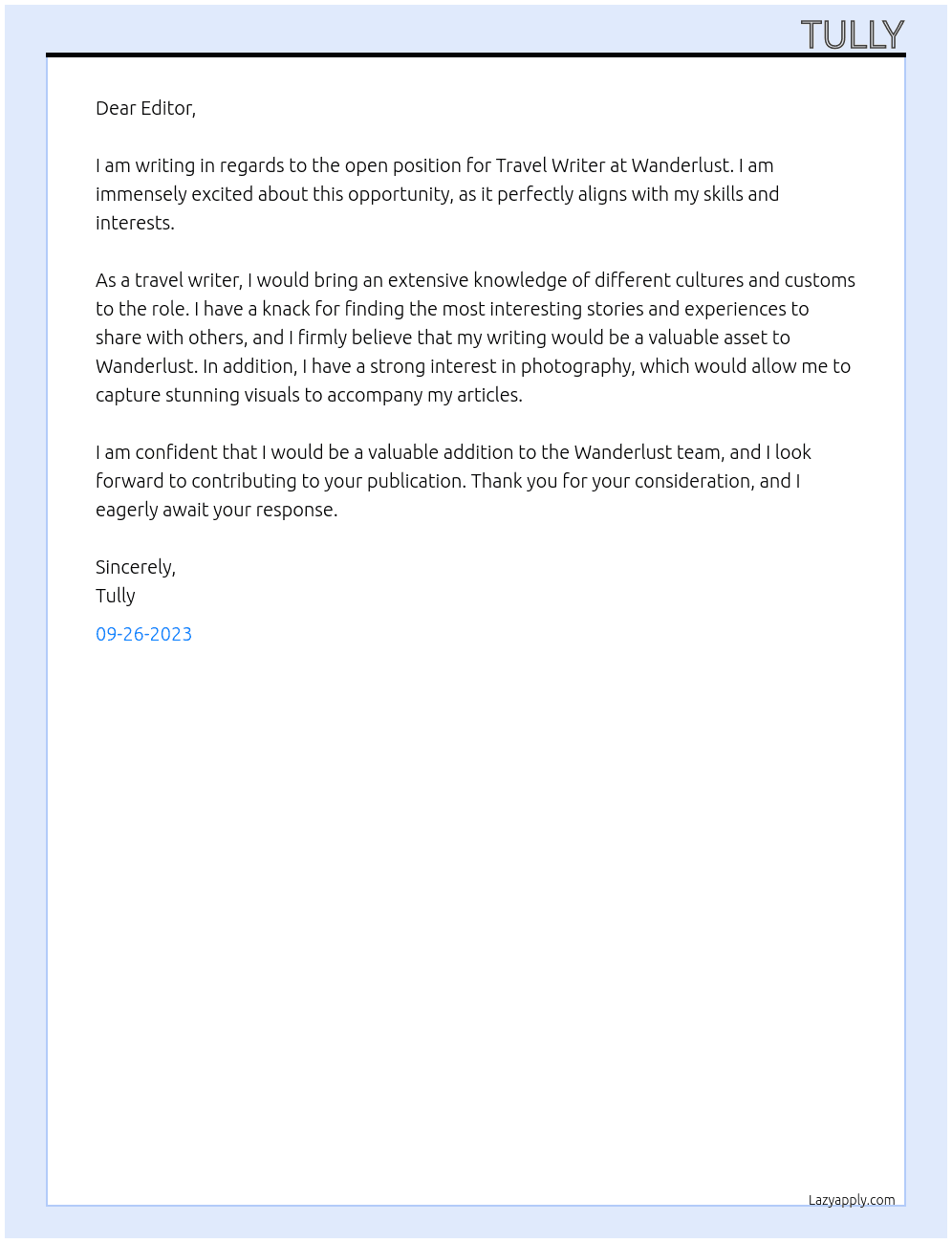 Travel Writer At Wanderlust Cover Letter