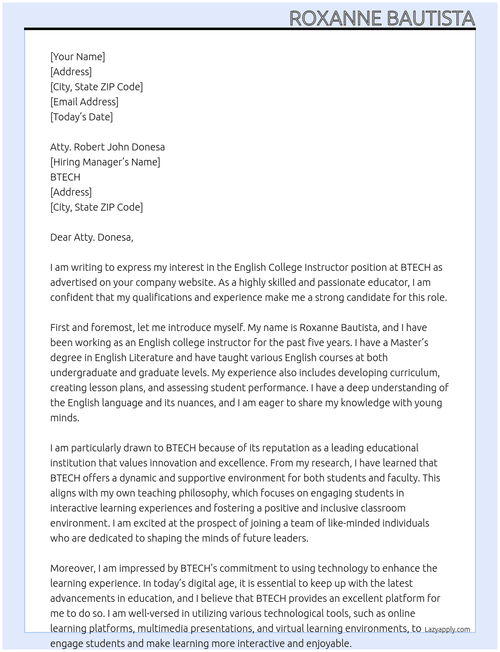 English college instructor At BTECH Cover Letter