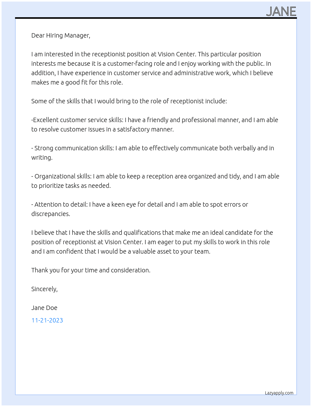 receptionist At vision center Cover Letter