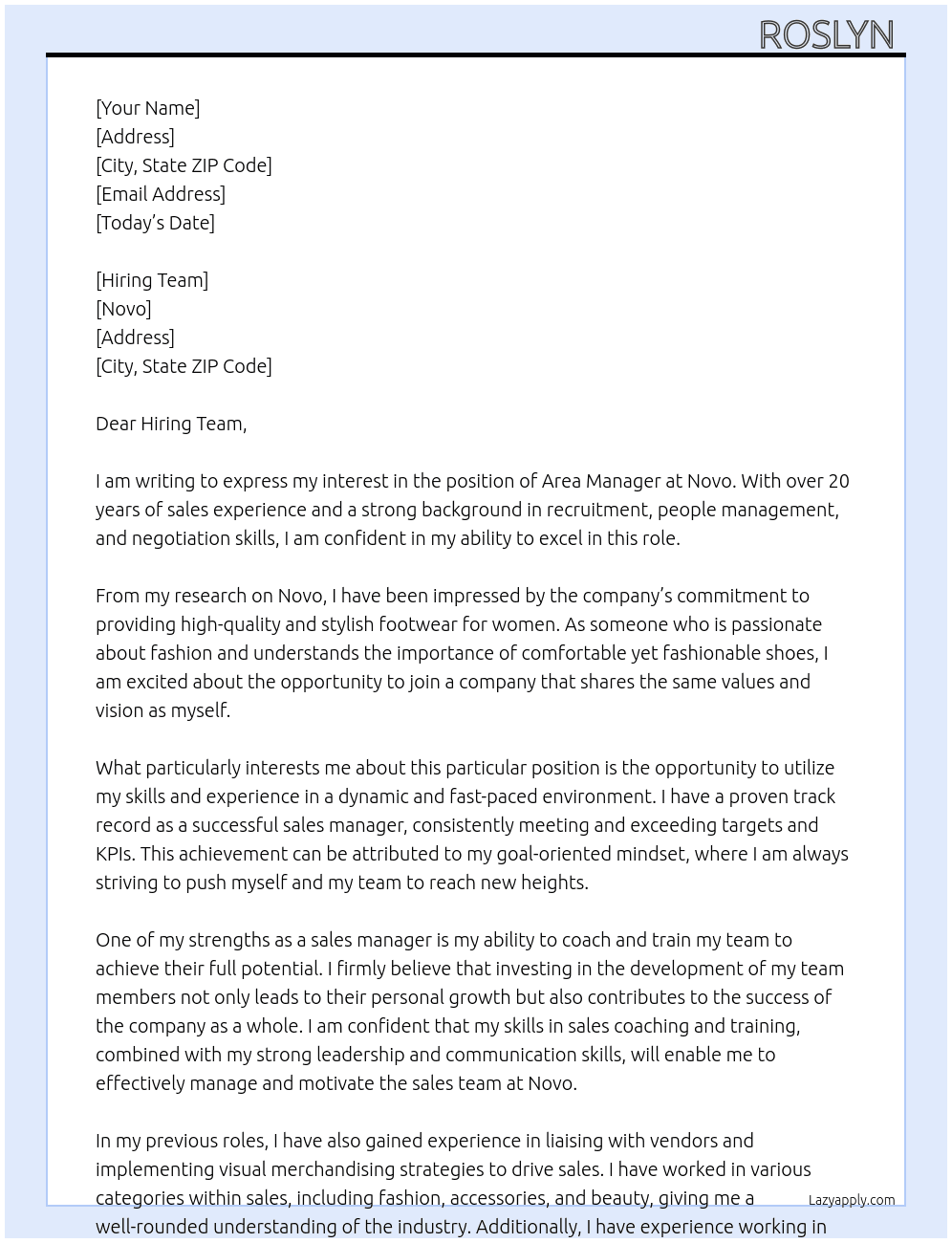 Area Manager  At Novo Cover Letter