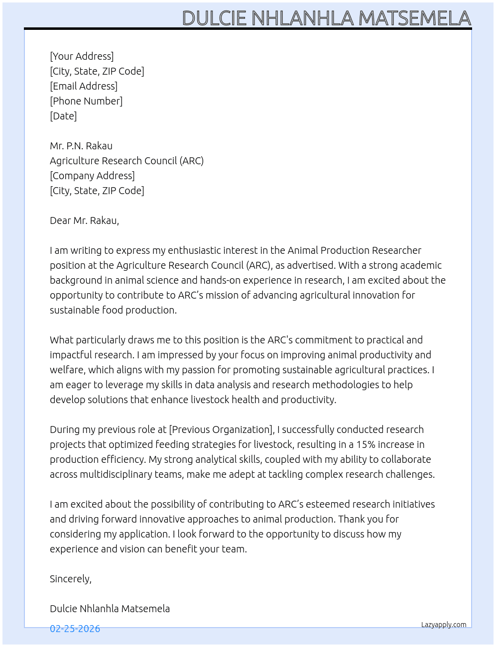 Cover letter for animal production researcher - LazyApply