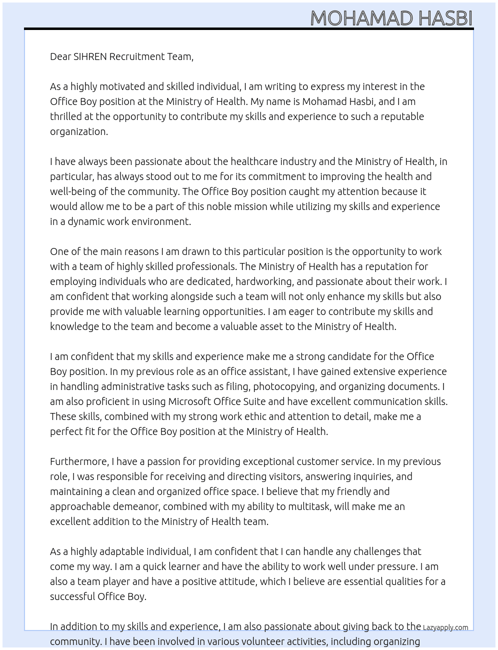 Office Boy At Ministry Of Health Cover Letter