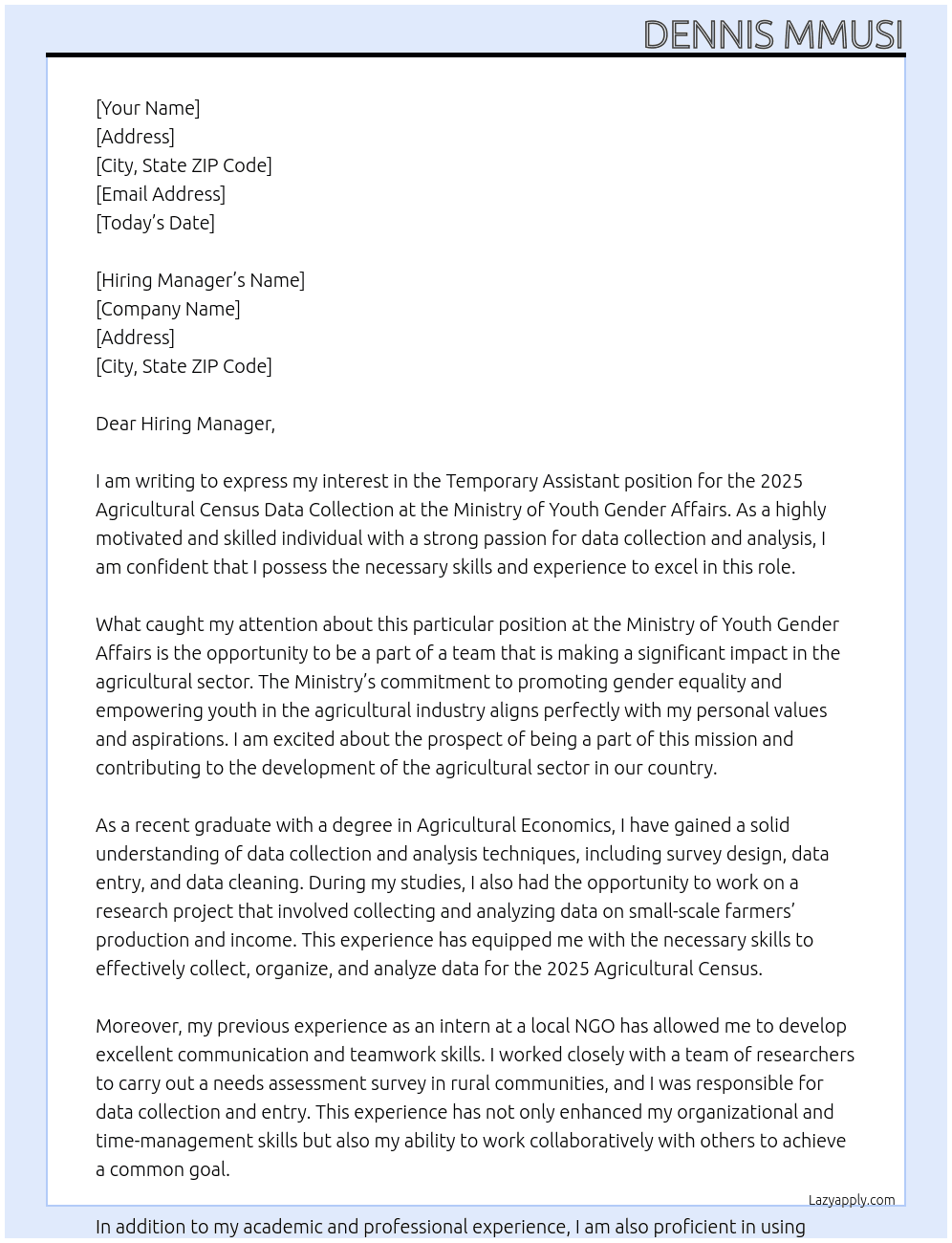 Cover letter for temporary assistant-2025 agricultural census data collection - LazyApply