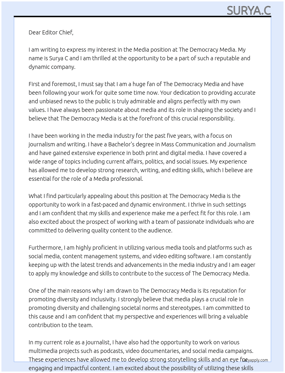Media  At The democracy media  Cover Letter