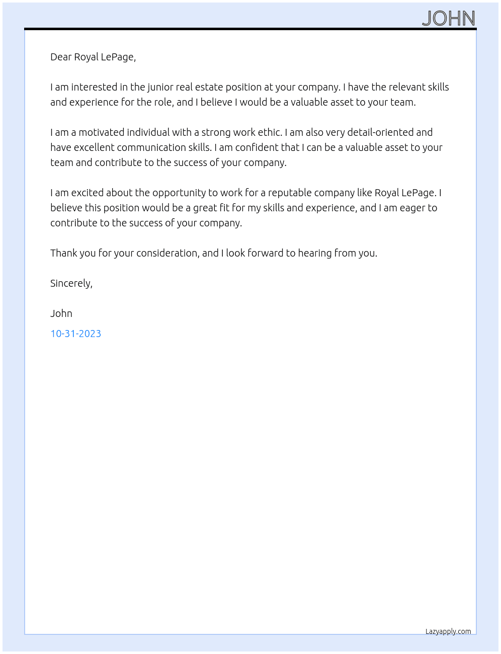 Junior real estate At royal le page Cover Letter