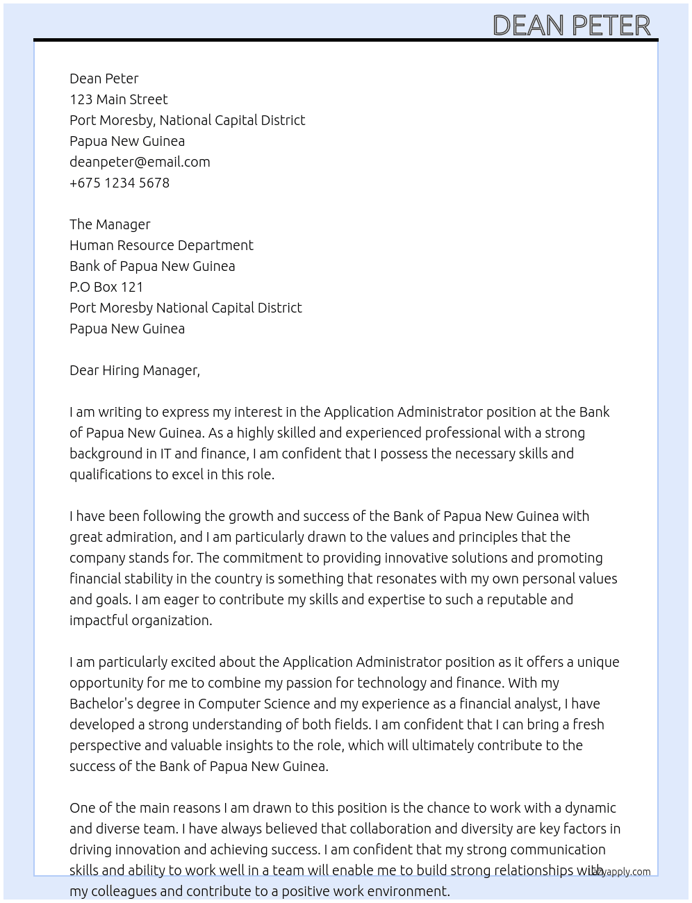 Application Administrator At Bank Of Papua New Guinea Cover Letter