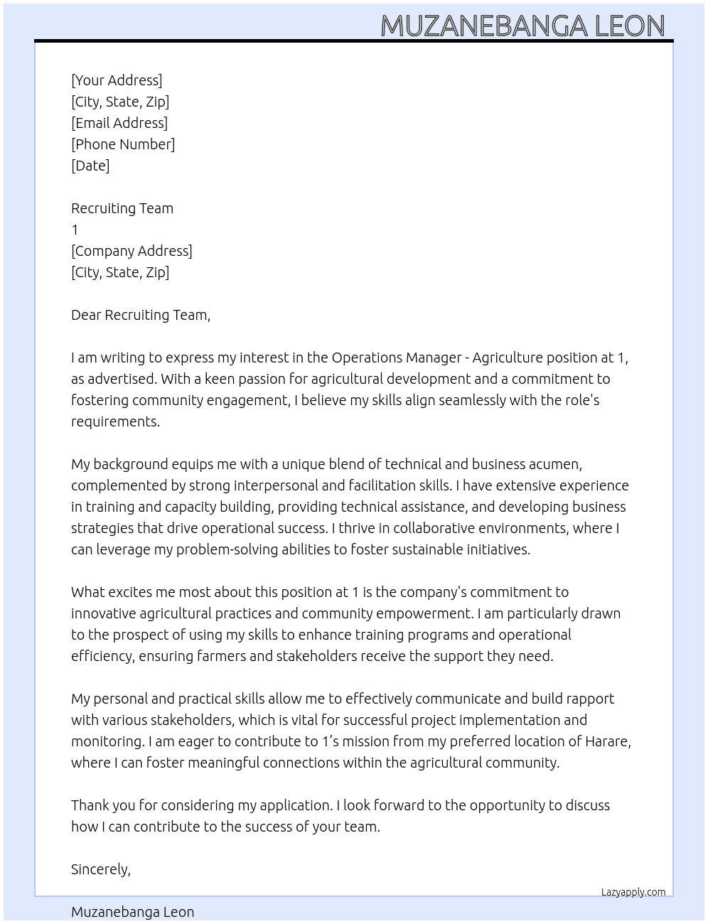 Cover letter for operations manager -agriculture - LazyApply