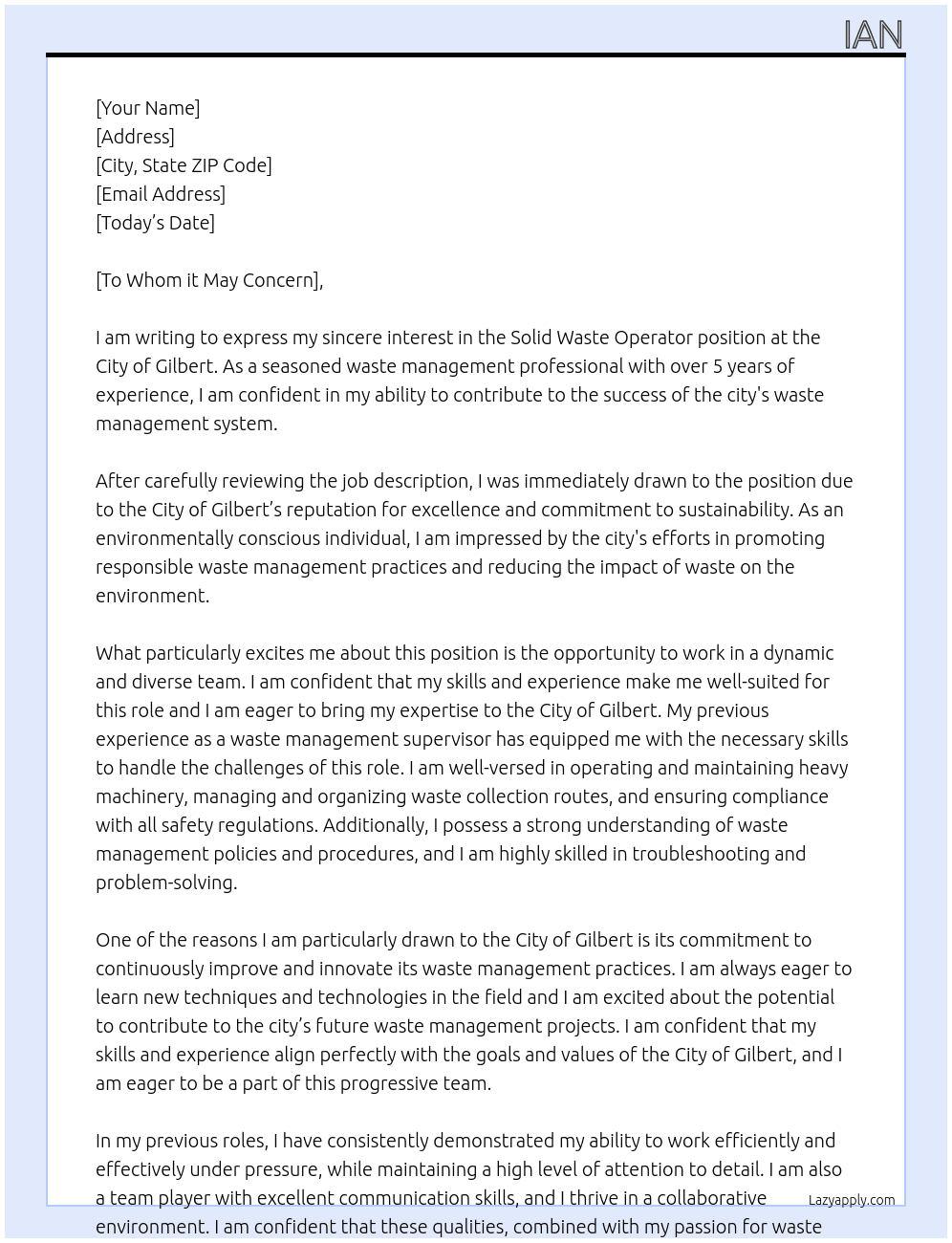 solid waste operator At City of Gilbert Cover Letter