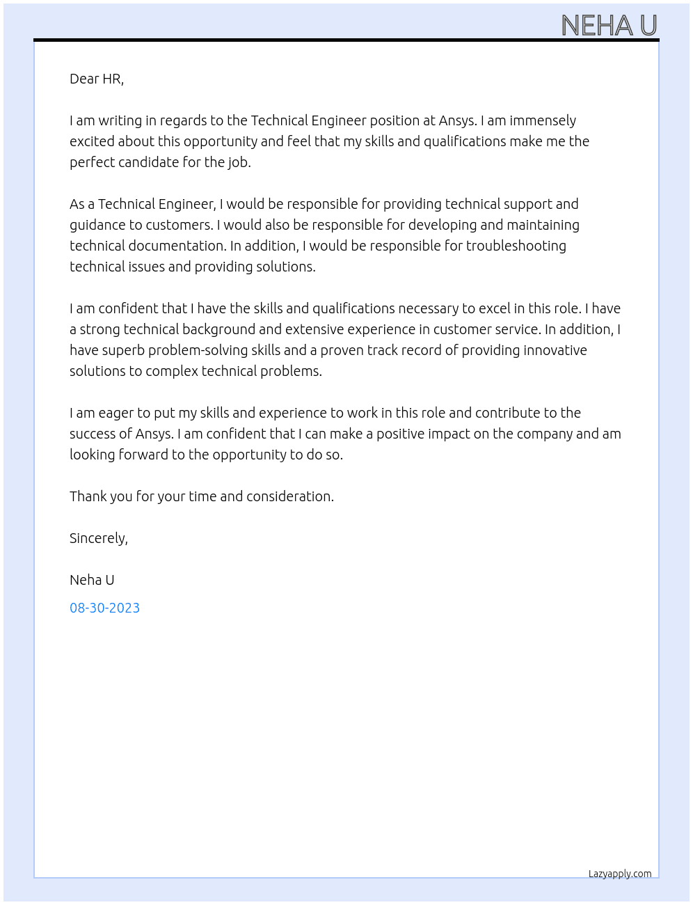 Technical engineer  At Ansys  Cover Letter